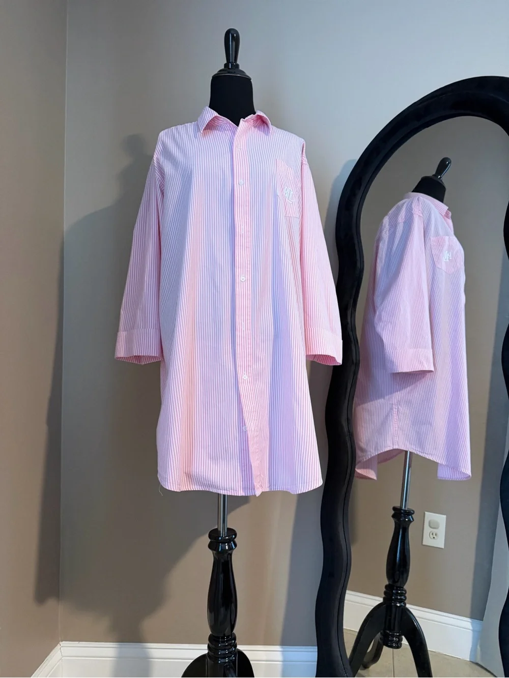 Lauren Ralph Lauren Pink Striped Cotton Poplin Sleep Shirt / Nightshirt - SizeXL
